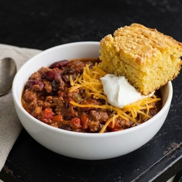 Hearty chili with shredded cheese, a dollop of sour cream, and a piece of cornbread.